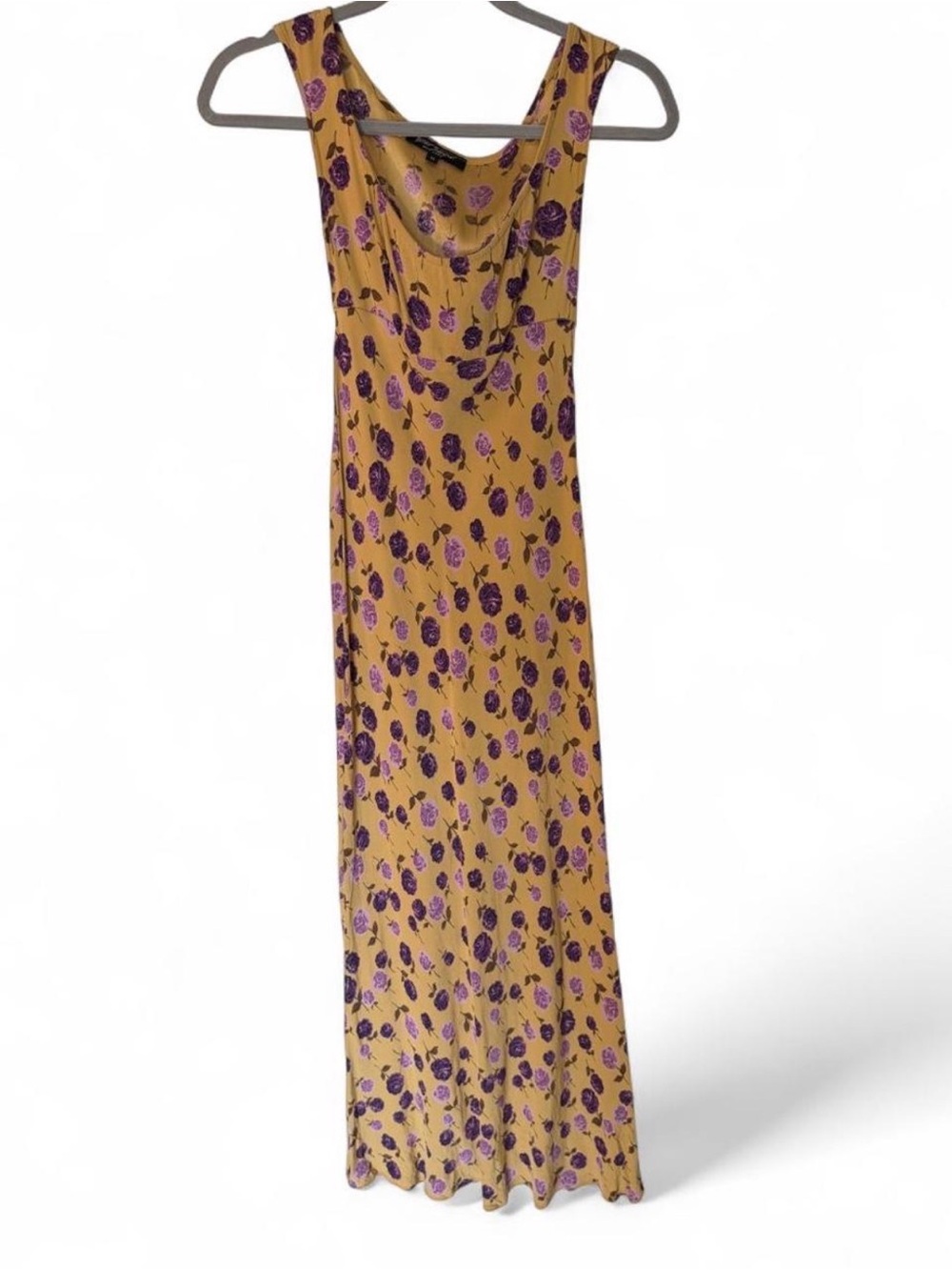 Vtg 90s Grunge Betsey Johnson Yellow Purple Floral Slip Maxi Dress Size M
